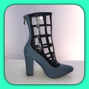 Denim Faux leather cage style Boots